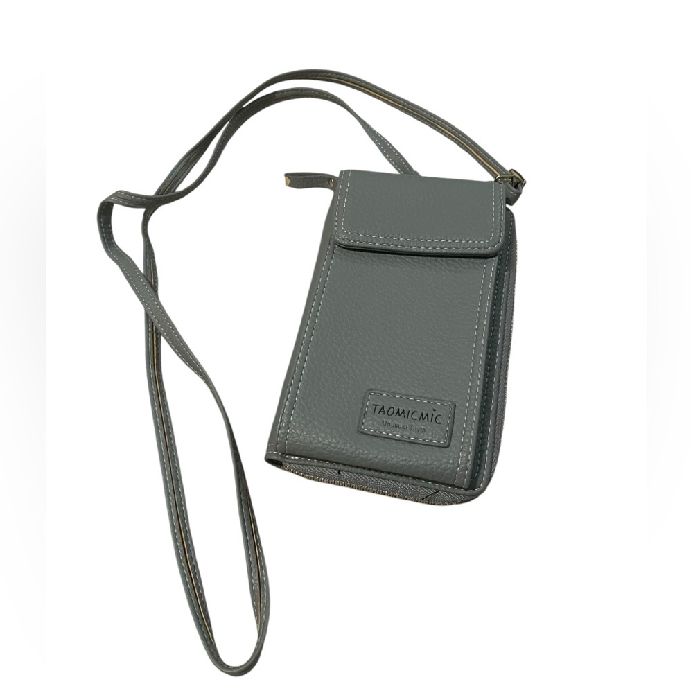 Taomicmic Crossbody Wallet Purse, Cellphone Bag, Blue Grey, Gold Zip, Pocket